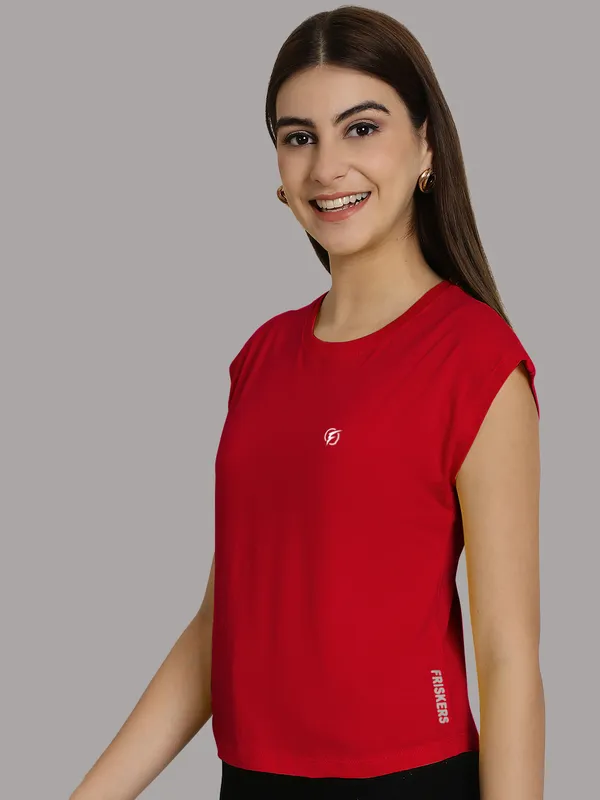 Red_Cotton_Round_Neck_Extended_Sleeves_Solid_Casual_T-Shirt_For_Women