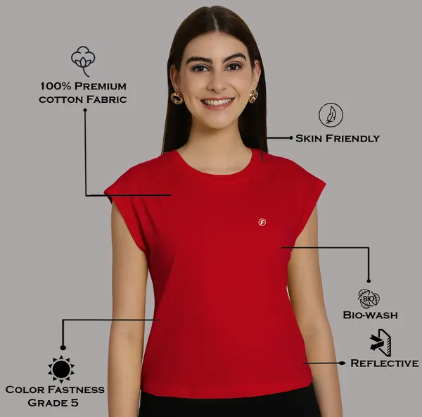Red_Cotton_Round_Neck_Extended_Sleeves_Solid_Casual_T-Shirt_For_Women