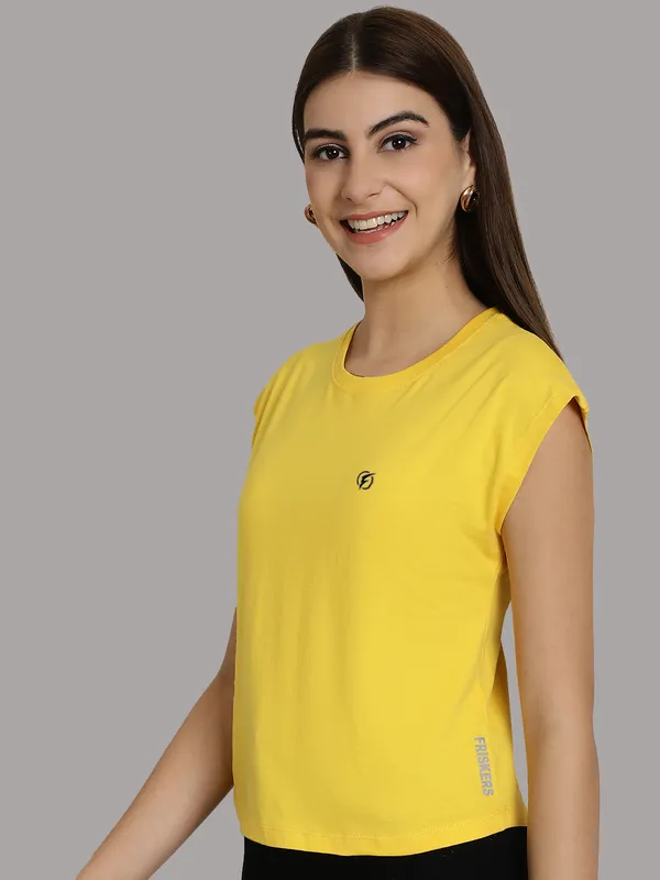 Yellow_Cotton_Round_Neck_Extended_Sleeves_Solid_Casual_T-Shirt_For_Women