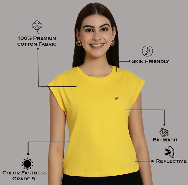 Yellow_Cotton_Round_Neck_Extended_Sleeves_Solid_Casual_T-Shirt_For_Women