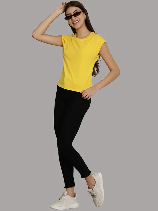 Yellow_Cotton_Round_Neck_Extended_Sleeves_Solid_Casual_T-Shirt_For_Women