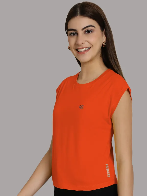 Orange_Cotton_Round_Neck_Extended_Sleeves_Solid_Casual_T-Shirt_For_Women