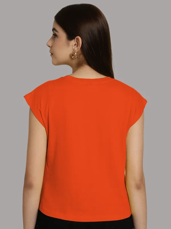 Orange_Cotton_Round_Neck_Extended_Sleeves_Solid_Casual_T-Shirt_For_Women