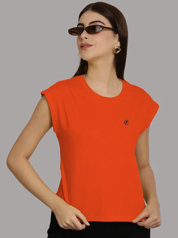 Orange_Cotton_Round_Neck_Extended_Sleeves_Solid_Casual_T-Shirt_For_Women