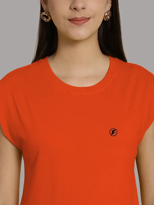 Orange_Cotton_Round_Neck_Extended_Sleeves_Solid_Casual_T-Shirt_For_Women