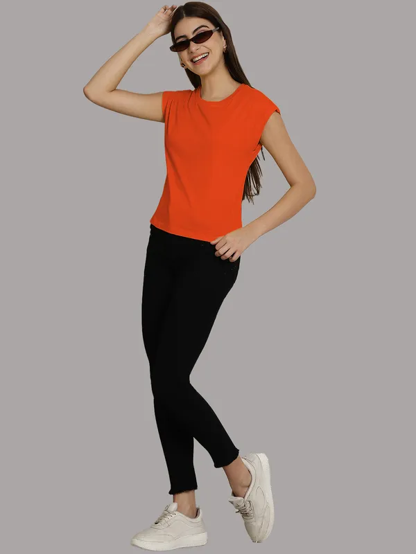 Orange_Cotton_Round_Neck_Extended_Sleeves_Solid_Casual_T-Shirt_For_Women