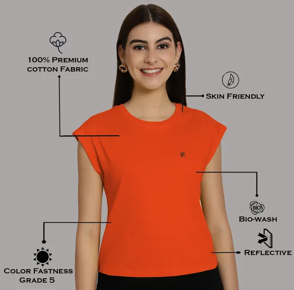 Orange_Cotton_Round_Neck_Extended_Sleeves_Solid_Casual_T-Shirt_For_Women