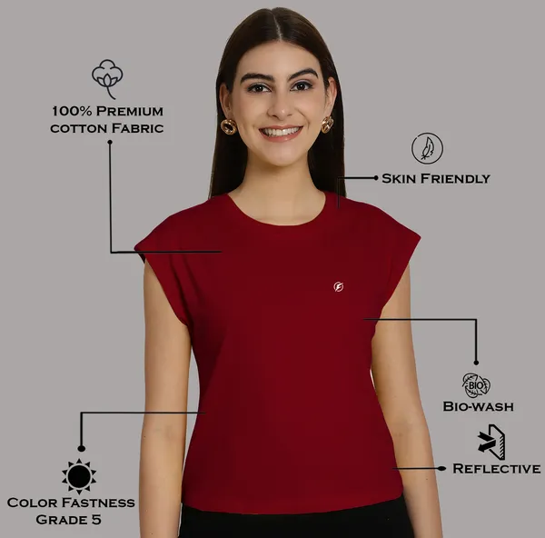 Maroon_Cotton_Round_Neck_Extended_Sleeves_Solid_Casual_T-Shirt_For_Women