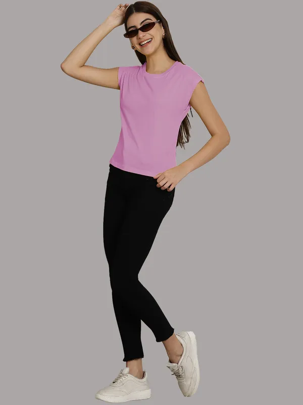 Purple_Cotton_Round_Neck_Extended_Sleeves_Solid_Casual_T-Shirt_For_Women