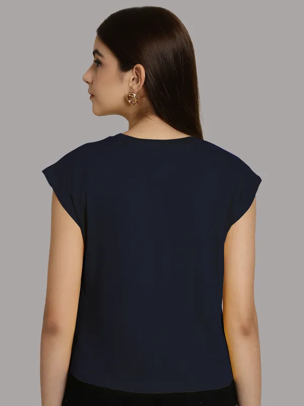 Navy_Blue_Cotton_Round_Neck_Extended_Sleeves_Solid_Casual_T-Shirt_For_Women