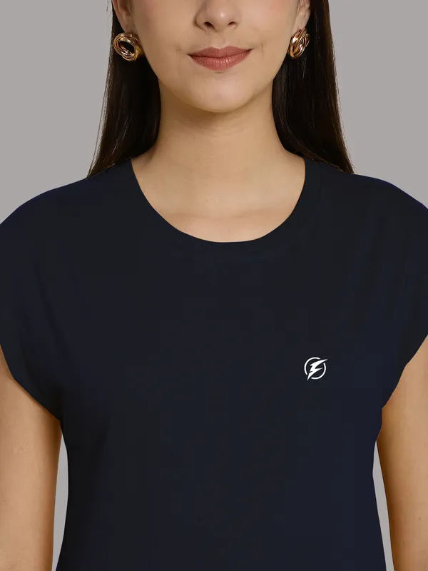 Navy_Blue_Cotton_Round_Neck_Extended_Sleeves_Solid_Casual_T-Shirt_For_Women
