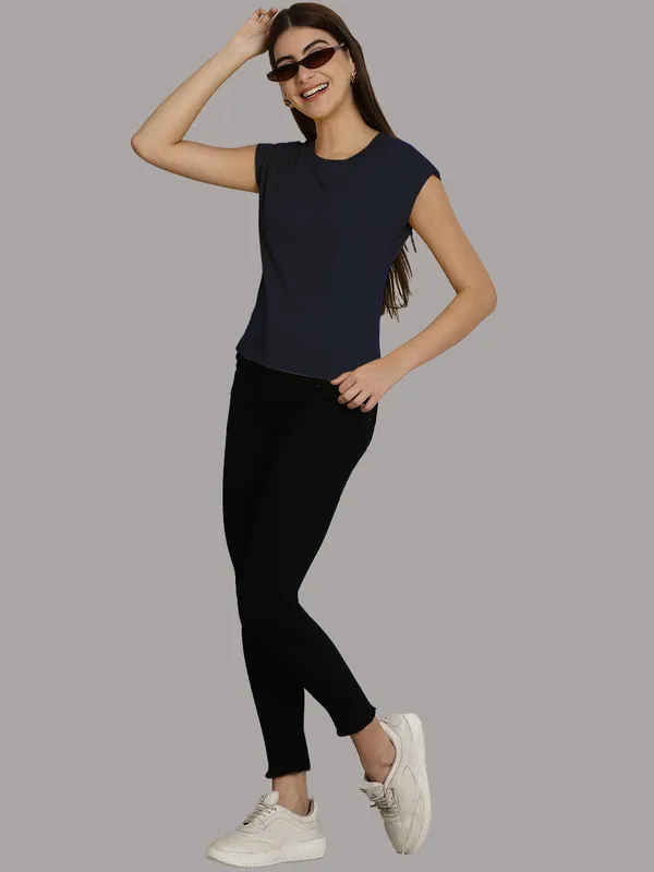 Navy_Blue_Cotton_Round_Neck_Extended_Sleeves_Solid_Casual_T-Shirt_For_Women
