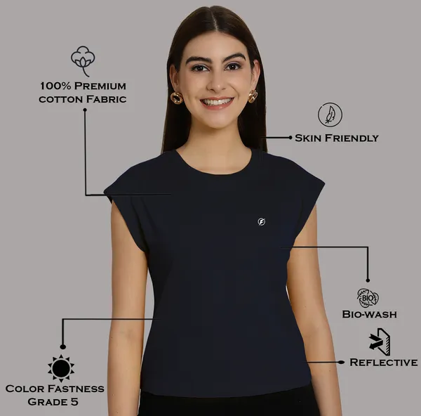 Navy_Blue_Cotton_Round_Neck_Extended_Sleeves_Solid_Casual_T-Shirt_For_Women