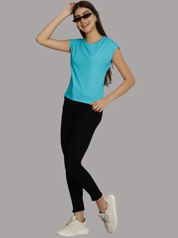 Turquoise_Blue_Cotton_Round_Neck_Extended_Sleeves_Solid_Casual_T-Shirt_For_Women