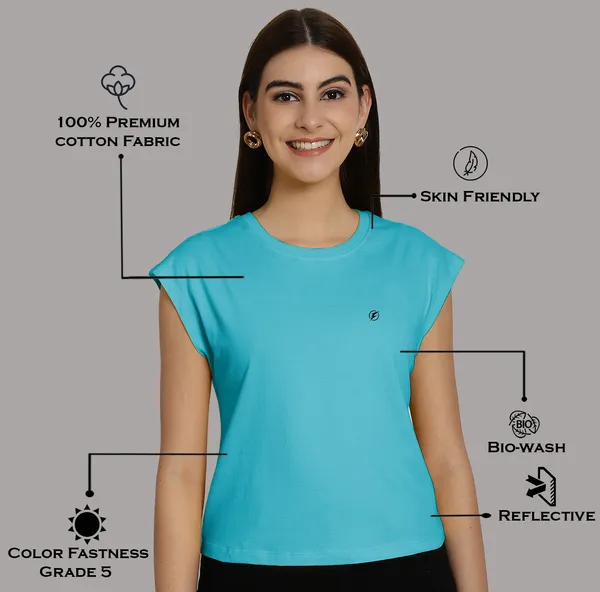 Turquoise_Blue_Cotton_Round_Neck_Extended_Sleeves_Solid_Casual_T-Shirt_For_Women