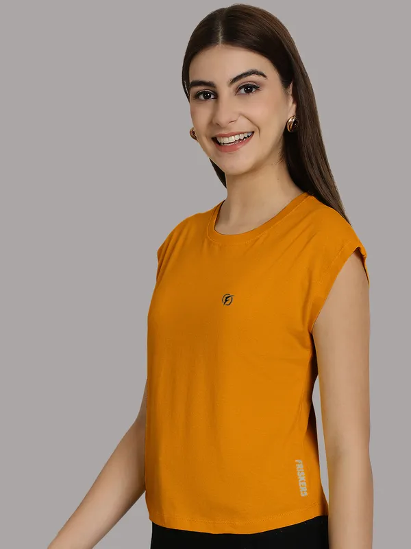 Mustard_Cotton_Round_Neck_Extended_Sleeves_Solid_Casual_T-Shirt_For_Women