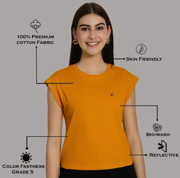 Mustard_Cotton_Round_Neck_Extended_Sleeves_Solid_Casual_T-Shirt_For_Women