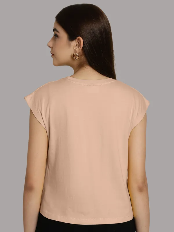 Coral_Cotton_Round_Neck_Extended_Sleeves_Solid_Casual_T-Shirt_For_Women