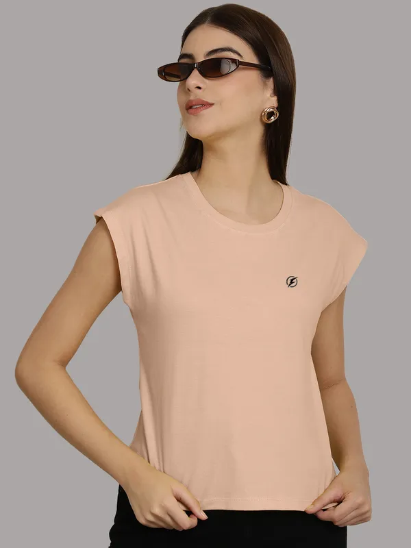 Coral_Cotton_Round_Neck_Extended_Sleeves_Solid_Casual_T-Shirt_For_Women