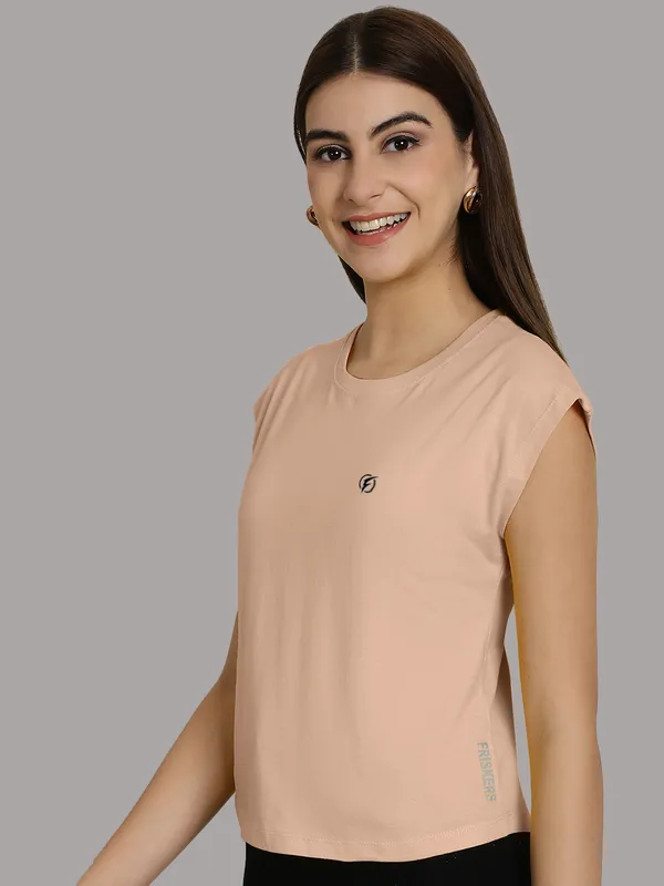 Coral_Cotton_Round_Neck_Extended_Sleeves_Solid_Casual_T-Shirt_For_Women