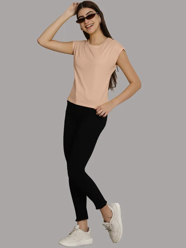 Coral_Cotton_Round_Neck_Extended_Sleeves_Solid_Casual_T-Shirt_For_Women