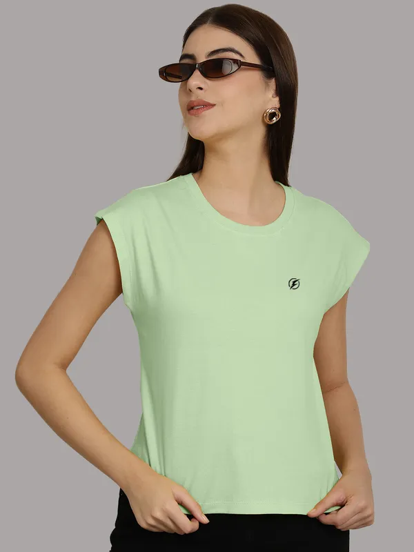 Sea_Green_Cotton_Round_Neck_Extended_Sleeves_Solid_Casual_T-Shirt_For_Women