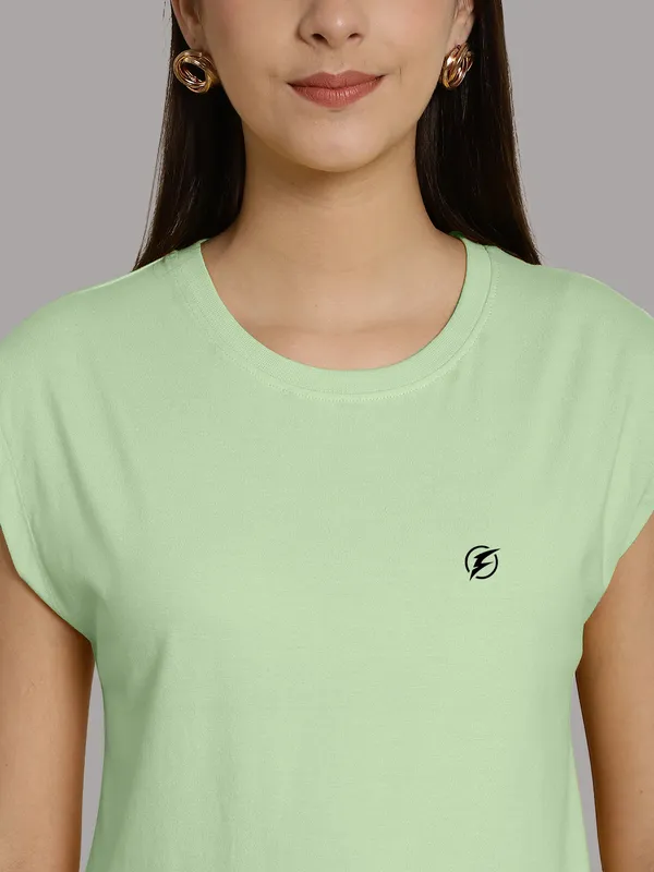 Sea_Green_Cotton_Round_Neck_Extended_Sleeves_Solid_Casual_T-Shirt_For_Women