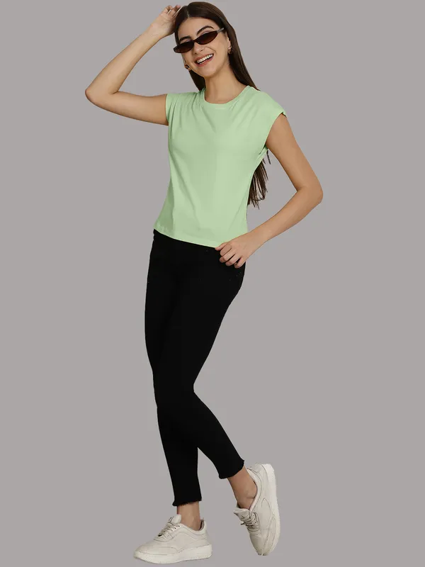 Sea_Green_Cotton_Round_Neck_Extended_Sleeves_Solid_Casual_T-Shirt_For_Women