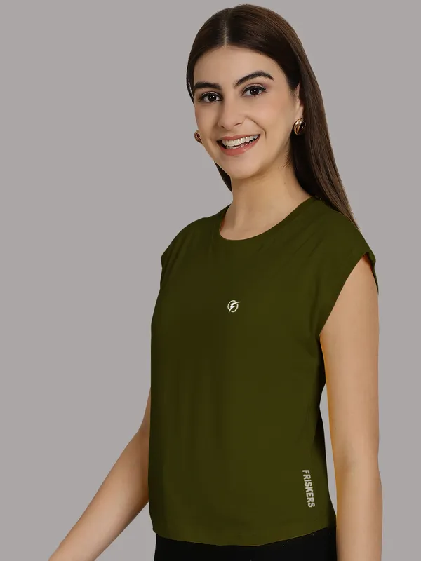Olive_Green_Cotton_Round_Neck_Extended_Sleeves_Solid_Casual_T-Shirt_For_Women