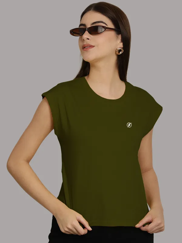 Olive_Green_Cotton_Round_Neck_Extended_Sleeves_Solid_Casual_T-Shirt_For_Women