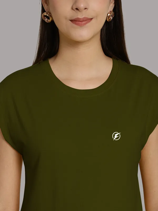 Olive_Green_Cotton_Round_Neck_Extended_Sleeves_Solid_Casual_T-Shirt_For_Women