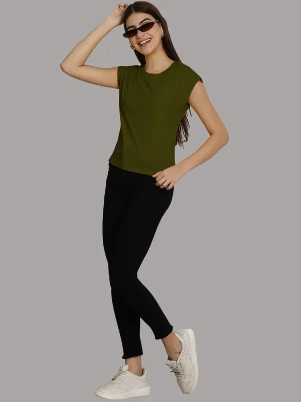 Olive_Green_Cotton_Round_Neck_Extended_Sleeves_Solid_Casual_T-Shirt_For_Women