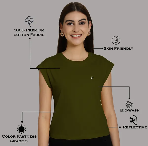 Olive_Green_Cotton_Round_Neck_Extended_Sleeves_Solid_Casual_T-Shirt_For_Women