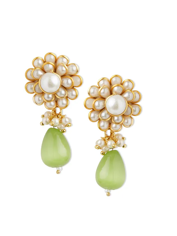 gold_toned_flower_green_pearl_drop_earring