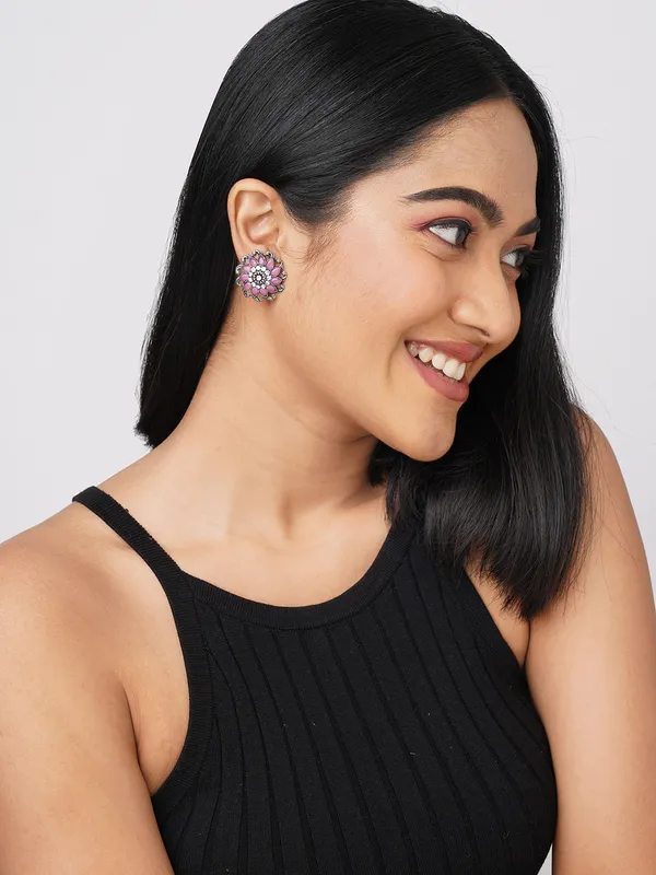 silver_toned_Pink_stone_studs