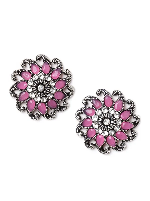 silver_toned_Pink_stone_studs