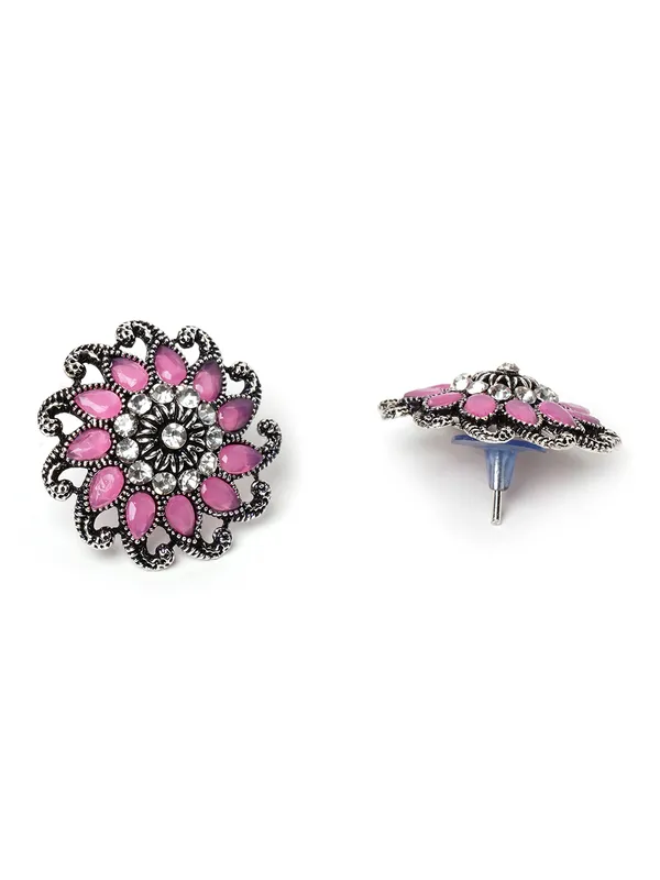 silver_toned_Pink_stone_studs