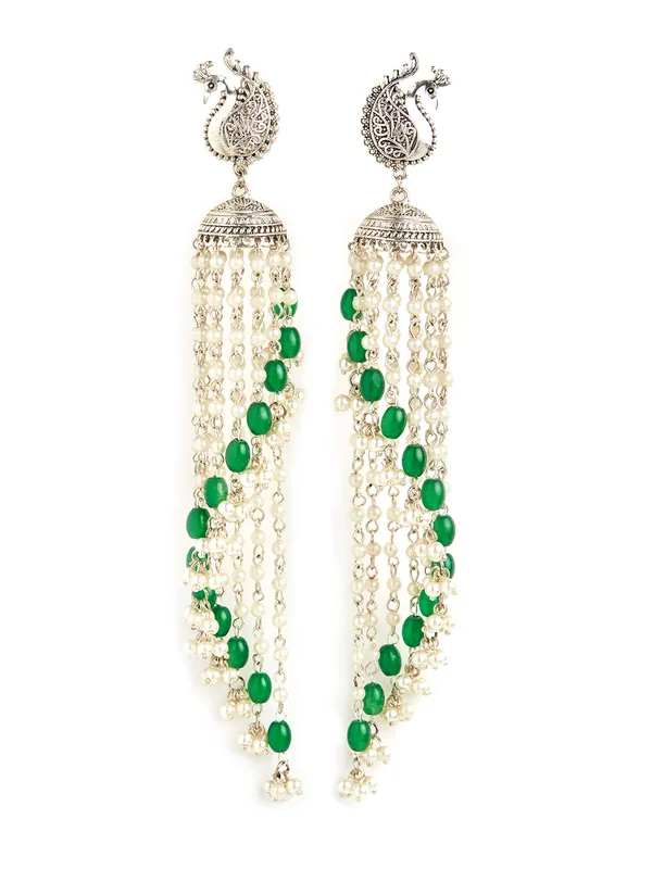 German_silver_peacock_green_drop_shaped_earring