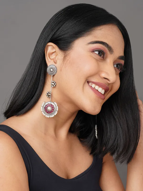 Silver_plated_red_stone_long_drop_earring