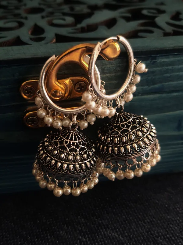 German_Silver_Hoop_Jhumka_Earrings_with_Dangling_Beads