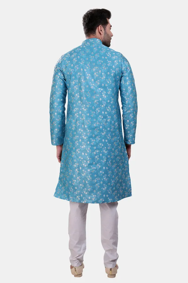 Floral_Print_Pastel_Blue_Jacquard_Kurta_With_Paijama