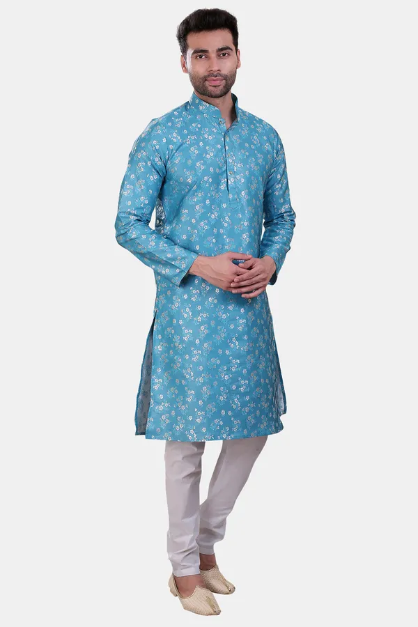 Floral_Print_Pastel_Blue_Jacquard_Kurta_With_Paijama