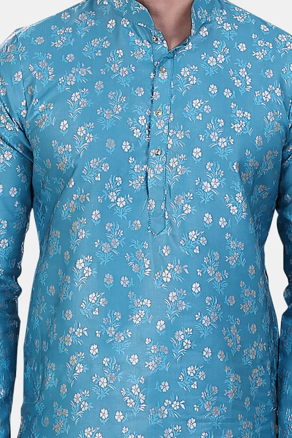 Floral_Print_Pastel_Blue_Jacquard_Kurta_With_Paijama