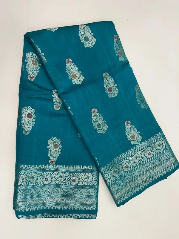 Humairah_Pure_Handwoven_Sea_Green_Muga_Silk_Zari_Mina_Booti_Minakari_Jaal_Anchal_with_Minakari_Zari_Border_Banarasi_Saree_with_Sea_Green_Blouse_piece