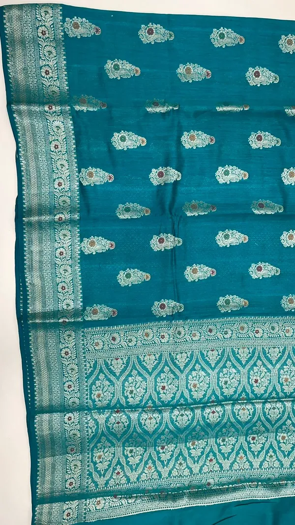 Humairah_Pure_Handwoven_Sea_Green_Muga_Silk_Zari_Mina_Booti_Minakari_Jaal_Anchal_with_Minakari_Zari_Border_Banarasi_Saree_with_Sea_Green_Blouse_piece