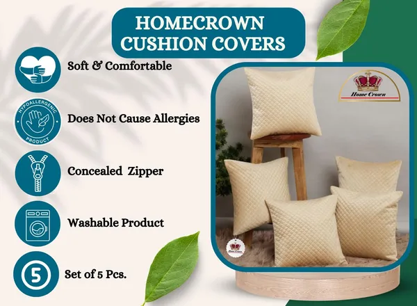 16x16_Inch_Quilted_Velvet_Cushion_Covers_Set_of_5_Soft_Decorative_Throw_Pillow_Cases_for_Sofa,_Couch,_Bed,_and_Living_Room_Zipper_Closure,_Beige