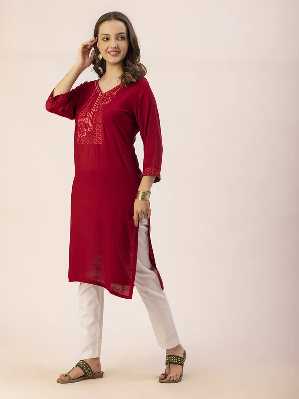 Maroon_Rayon_Slub_Women_Kurta,_Exquisite_Embroidery_&_Crystal_Hand_Work