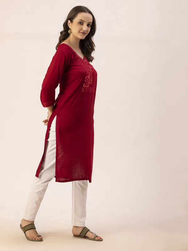 Maroon_Rayon_Slub_Women_Kurta,_Exquisite_Embroidery_&_Crystal_Hand_Work