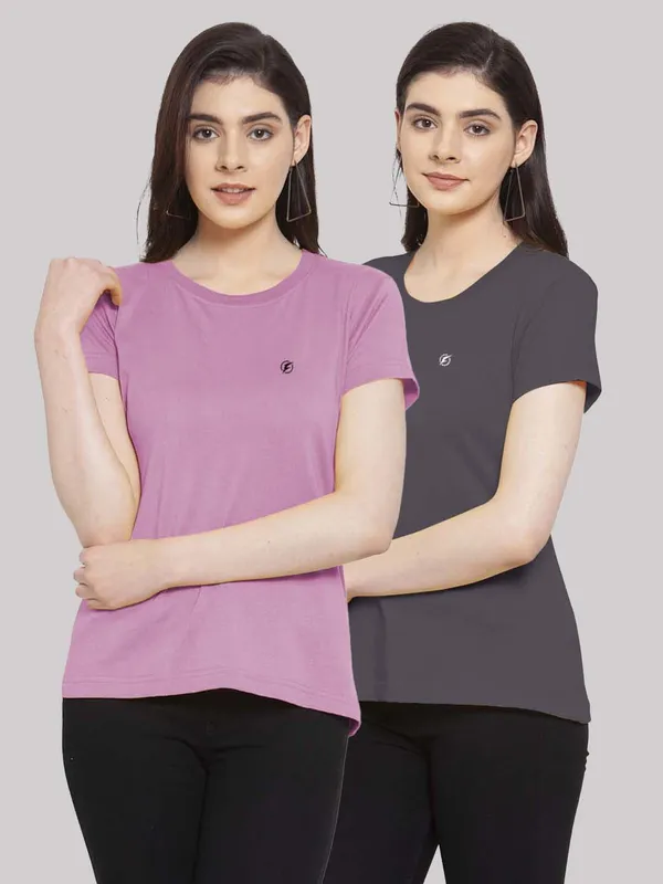Pack_of_2_Purple_&_Solid_Grey_Cotton_Round_Neck_Short_Sleeves_T-Shirt_For_Women