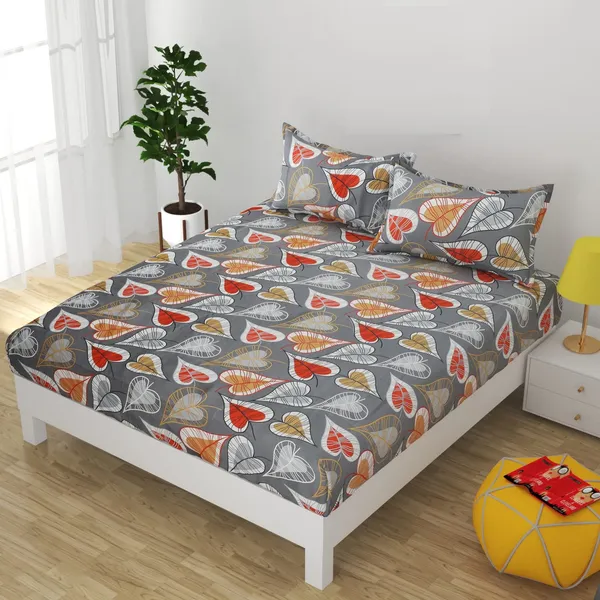 220TC_Elastic_Fitted_100%_Cotton_Feel_Printed_King_Size_Double_Bed_Bedsheet_with_2_Pillow_Cover_(72"x78"_Upto_6"_Mattress)_Grey_Leaf